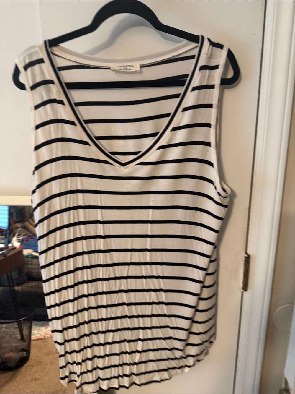 Zenana Outfitters White and Black Striped V-Neck Tank
